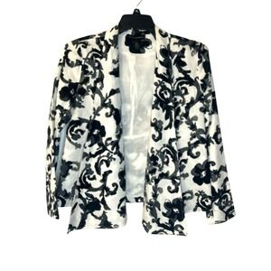 Grace Elements Linen‎ Blazer Black Floral Print Open Front Jacket Size 4